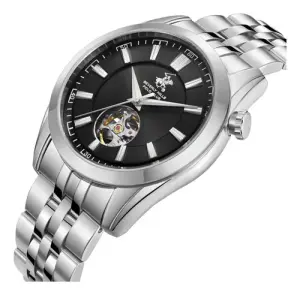 Beverly Hills Polo Club Erkek Kol Saati 42 MM Siyah Kadran Gümüş Kordon Otomatik Mekanizma 10 ATM Seramik Cam