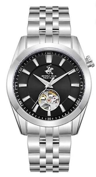 Beverly Hills Polo Club Erkek Kol Saati 42 MM Siyah Kadran Gümüş Kordon Otomatik Mekanizma 10 ATM Seramik Cam